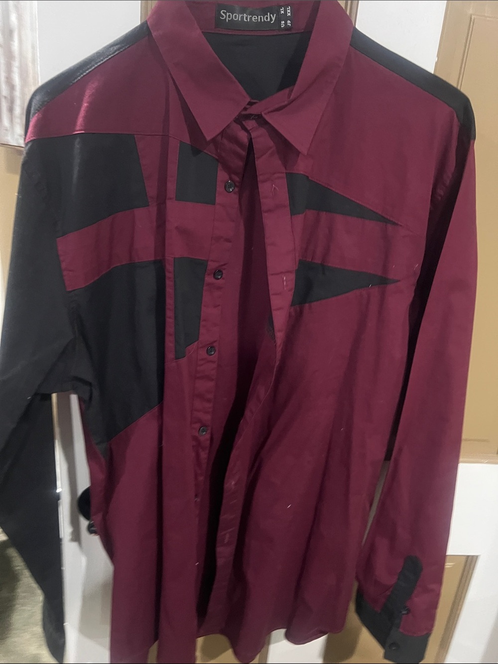 Men's Burgundy and Black Colorblock Button-Up Shirt